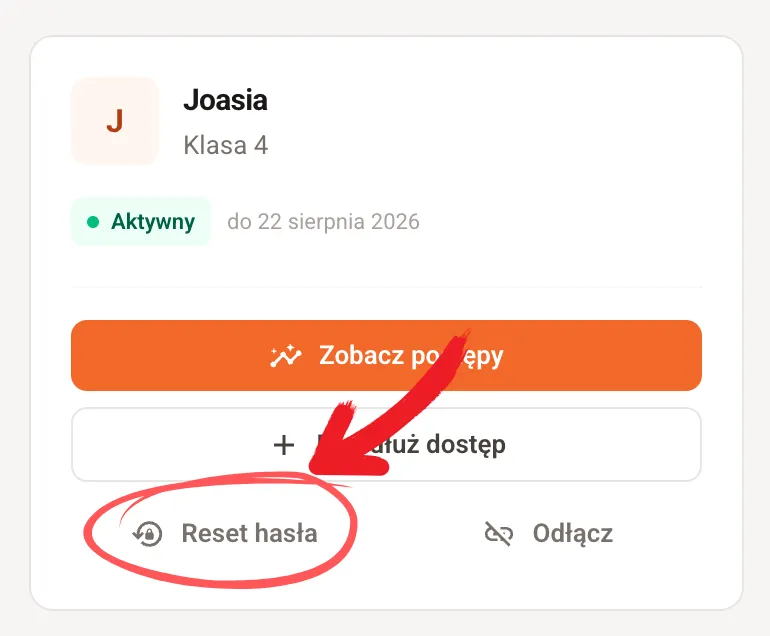 Karta profilu dziecka z zaznaczoną opcją Reset hasła