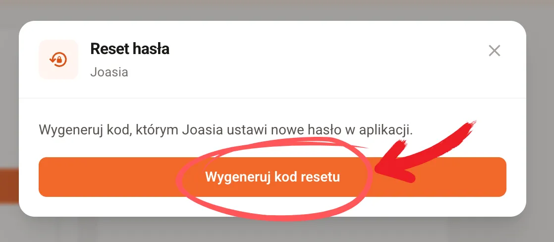 Okno Reset hasła z przyciskiem Wygeneruj kod resetu