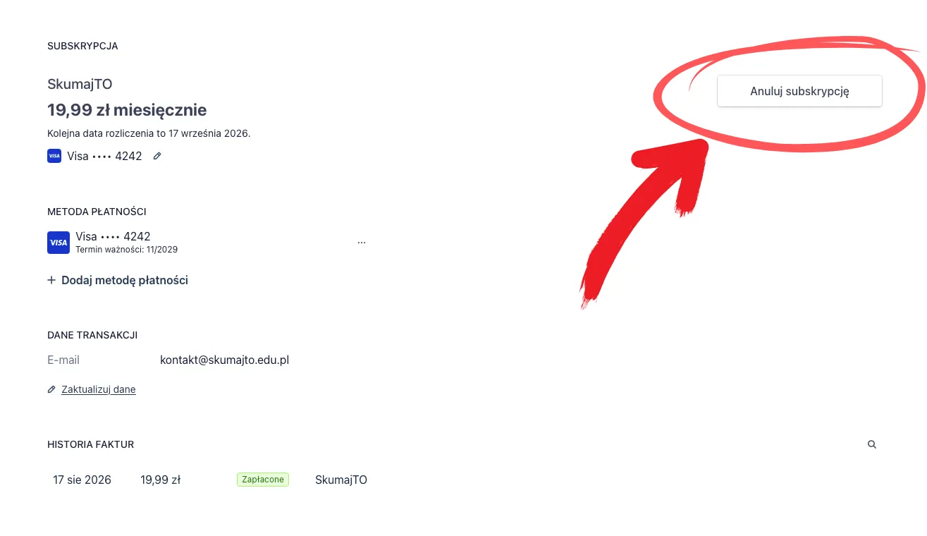 Panel Stripe z danymi subskrypcji i zaznaczonym przyciskiem Anuluj subskrypcję