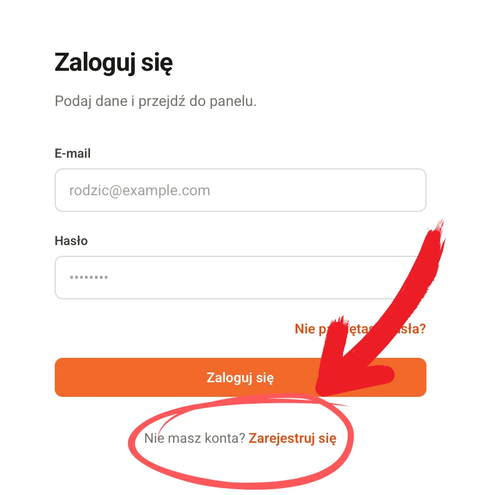 Ekran logowania do panelu rodzica z odnośnikiem Zarejestruj się na dole