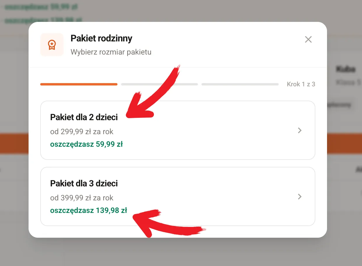 Okno Pakiet rodzinny – wybierz rozmiar pakietu z opcjami dla 2 i 3 dzieci