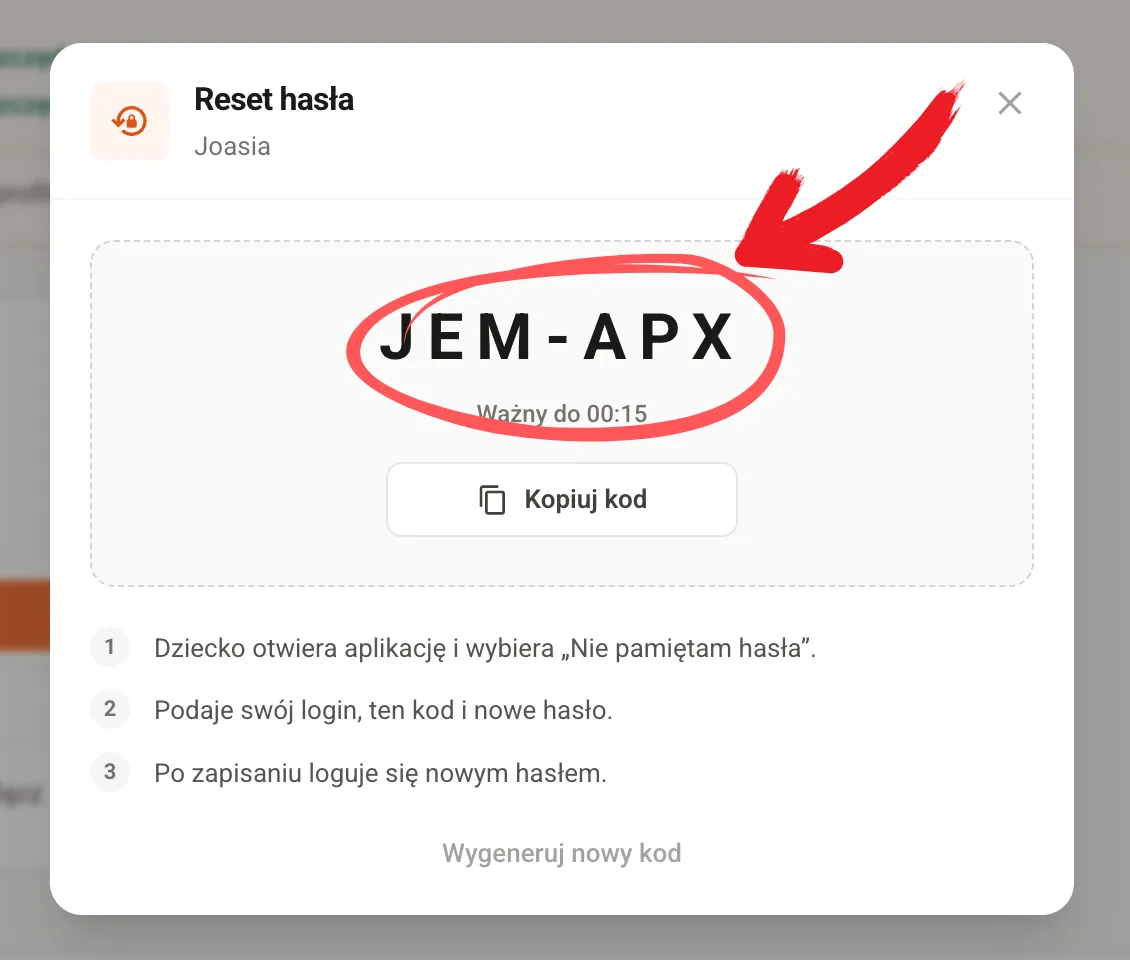 Okno z wygenerowanym kodem resetującym, godziną ważności i przyciskiem Kopiuj kod