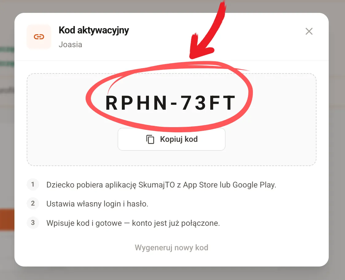 Okno z wygenerowanym kodem aktywacyjnym i przyciskiem Kopiuj kod