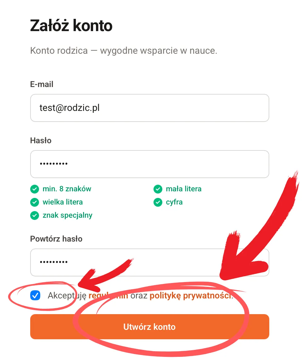 Formularz zakładania konta z pięcioma spełnionymi warunkami hasła i zaznaczoną zgodą