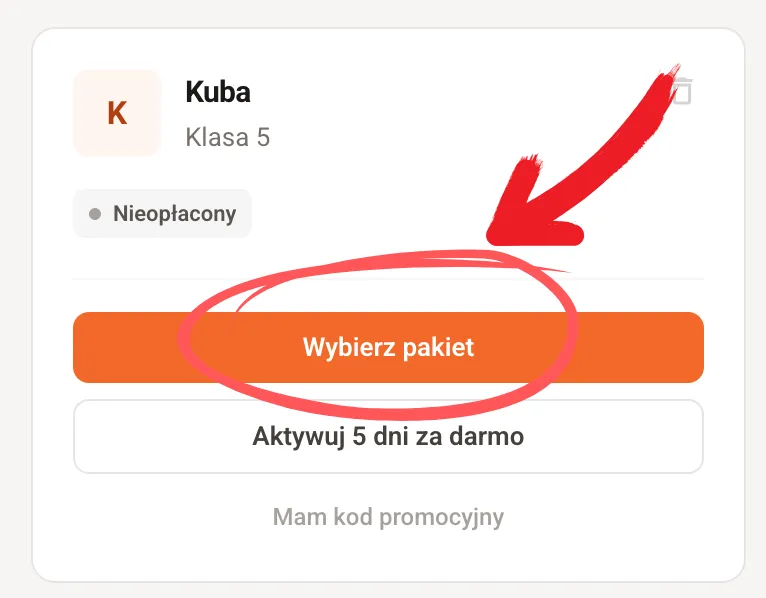 Karta profilu dziecka z zaznaczonym przyciskiem Wybierz pakiet