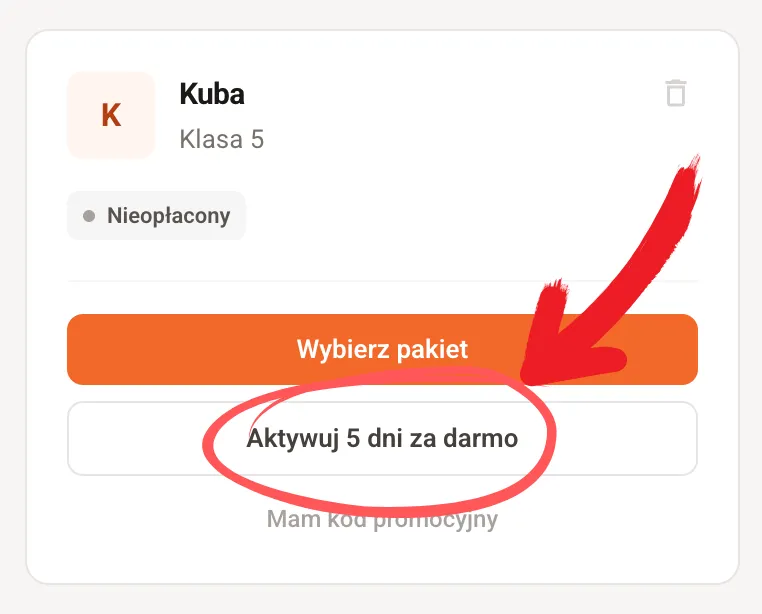 Karta profilu dziecka z przyciskiem Aktywuj 5 dni za darmo