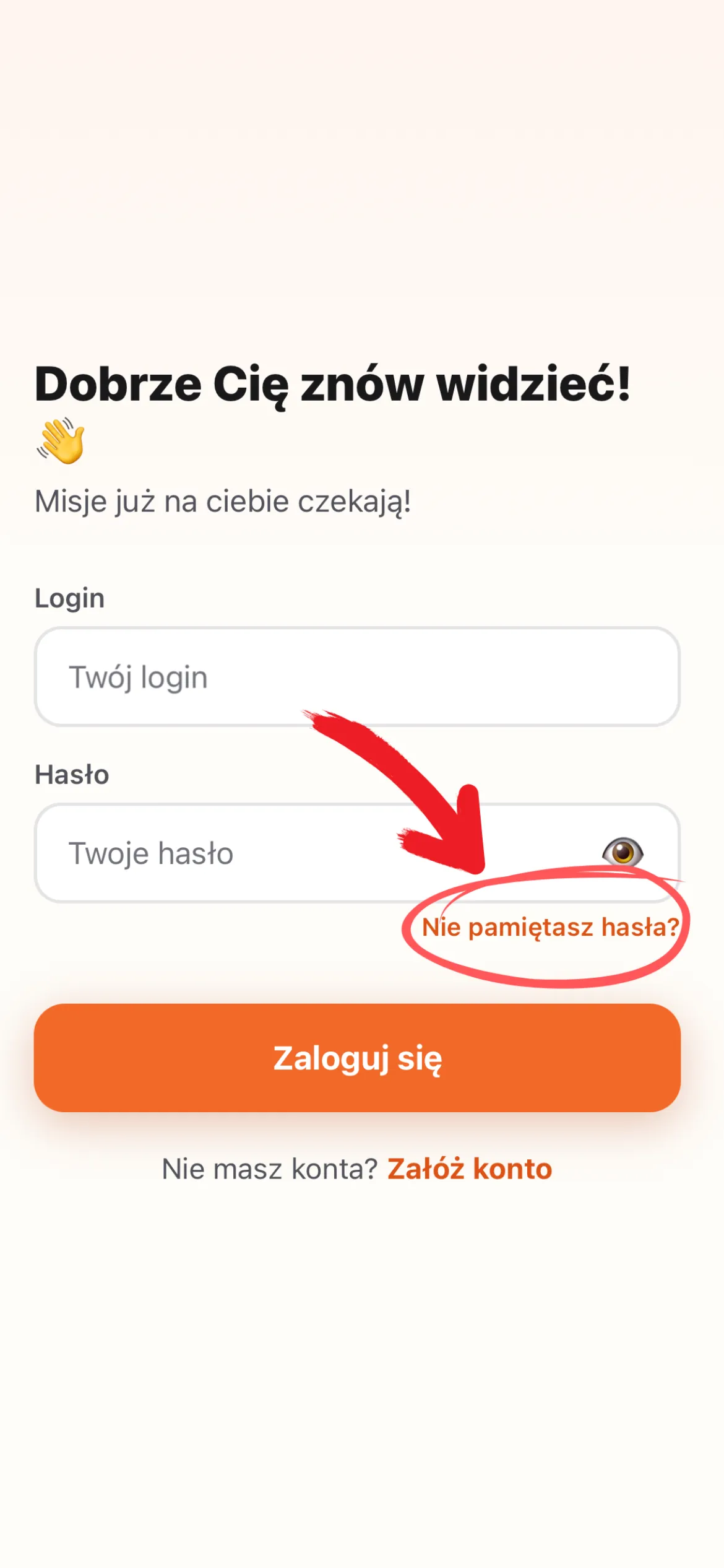 Ekran logowania w aplikacji z zaznaczonym linkiem Nie pamiętasz hasła?