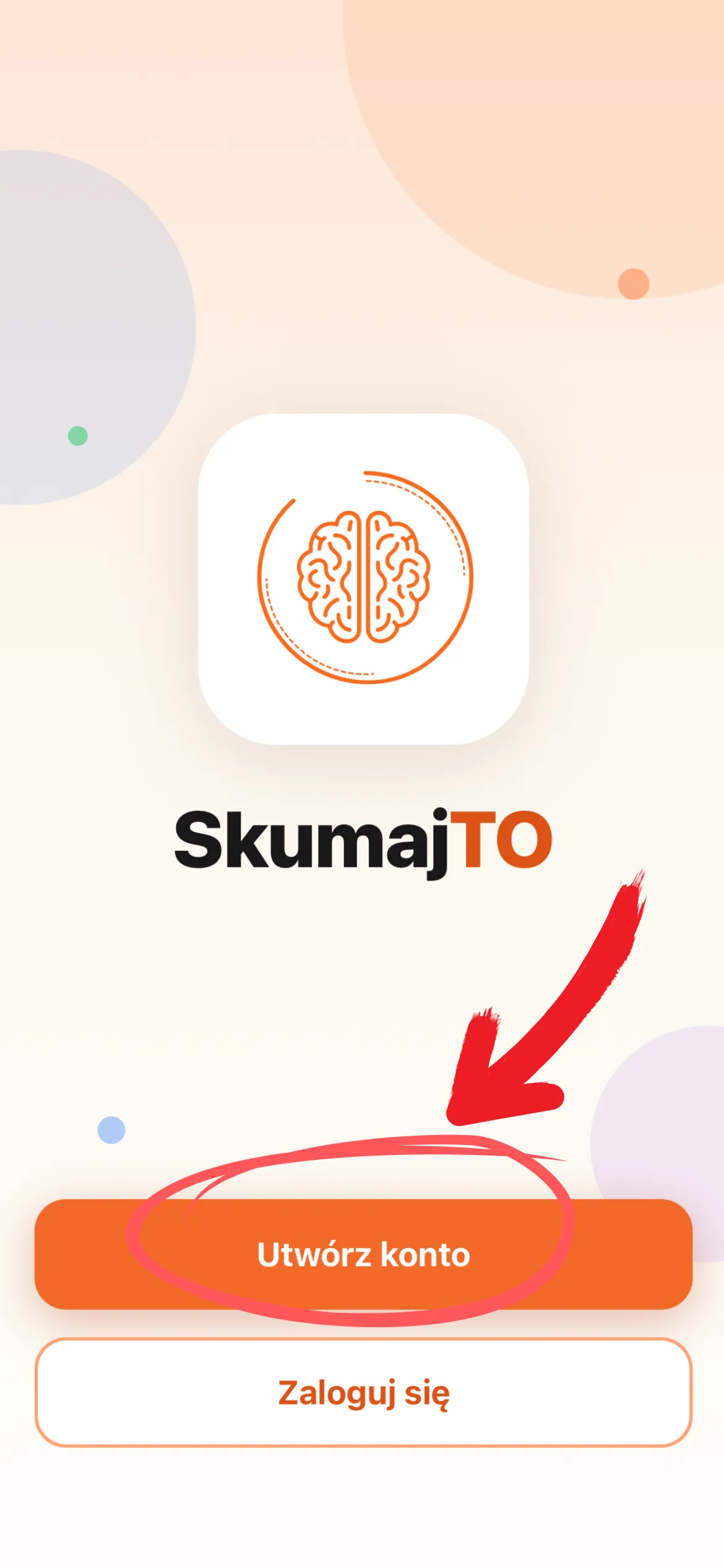 Ekran powitalny aplikacji SkumajTO z przyciskami Utwórz konto i Zaloguj się