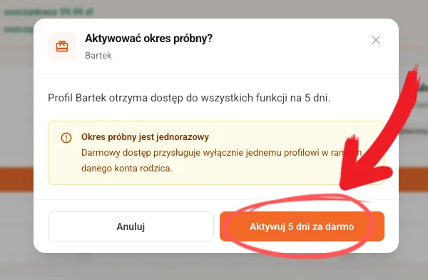 Karta profilu dziecka z potwierdzeniem i Aktywuj 5 dni za darmo