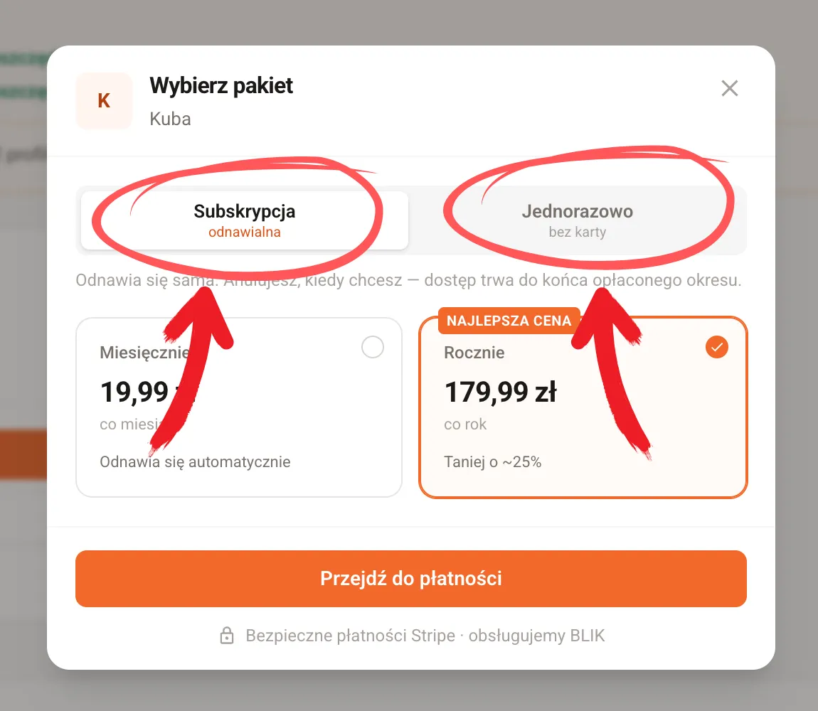 Okno Wybierz pakiet z zakładkami Subskrypcja i Jednorazowo
