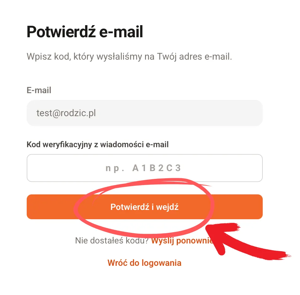 Ekran potwierdzania adresu e-mail z polem na kod weryfikacyjny