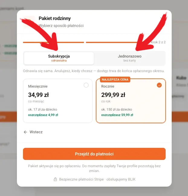 Okno wyboru sposobu płatności dla pakietu rodzinnego z zakładkami Subskrypcja i Jednorazowo
