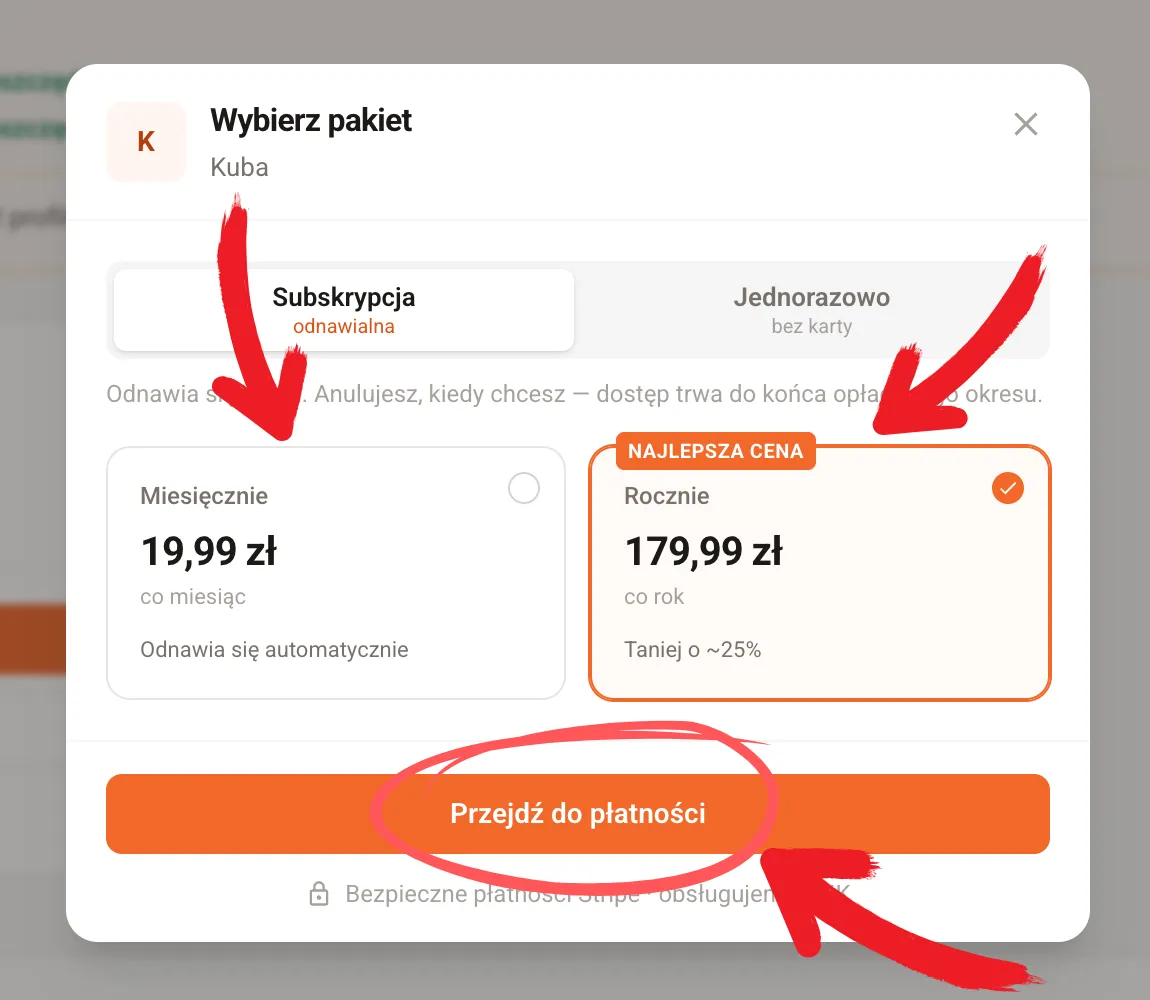 Zakładka Subskrypcja z wariantami miesięcznym i rocznym oraz przyciskiem Przejdź do płatności