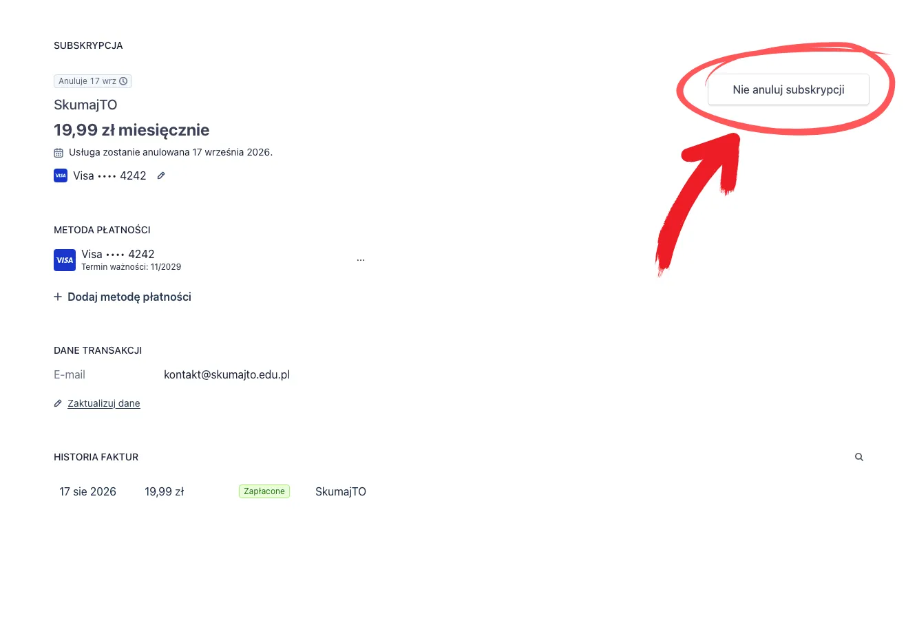 Panel Stripe ze statusem Anuluje i przyciskiem Nie anuluj subskrypcji