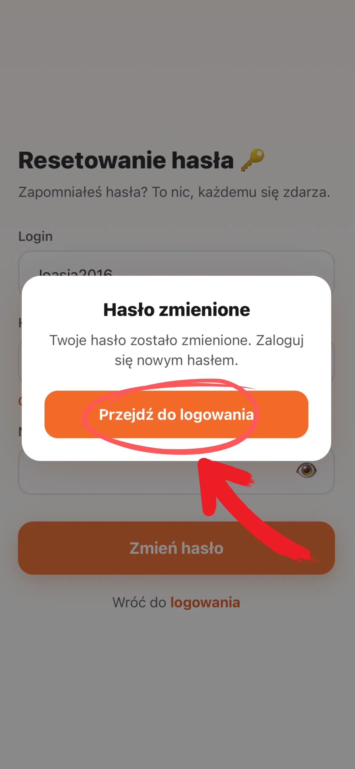 Okienko Hasło zmienione z przyciskiem Przejdź do logowania