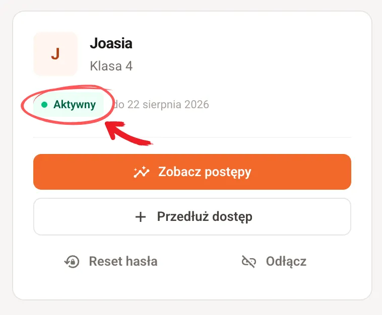 Karta profilu z zieloną etykietą Aktywny i przyciskiem Zobacz postępy