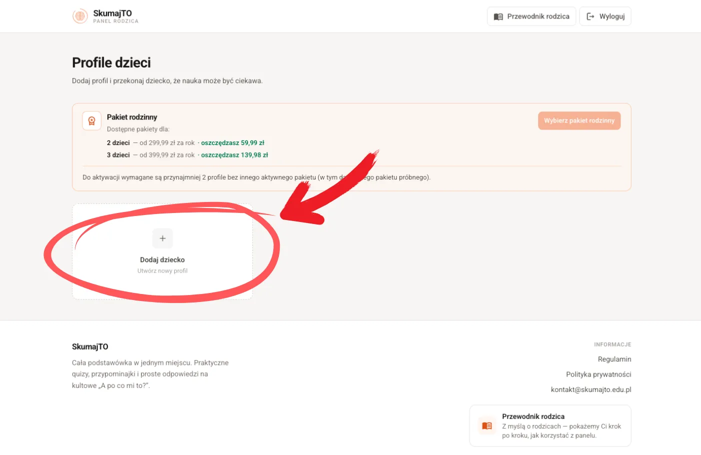 Ekran Profile dzieci w panelu rodzica z zaznaczonym kafelkiem Dodaj dziecko