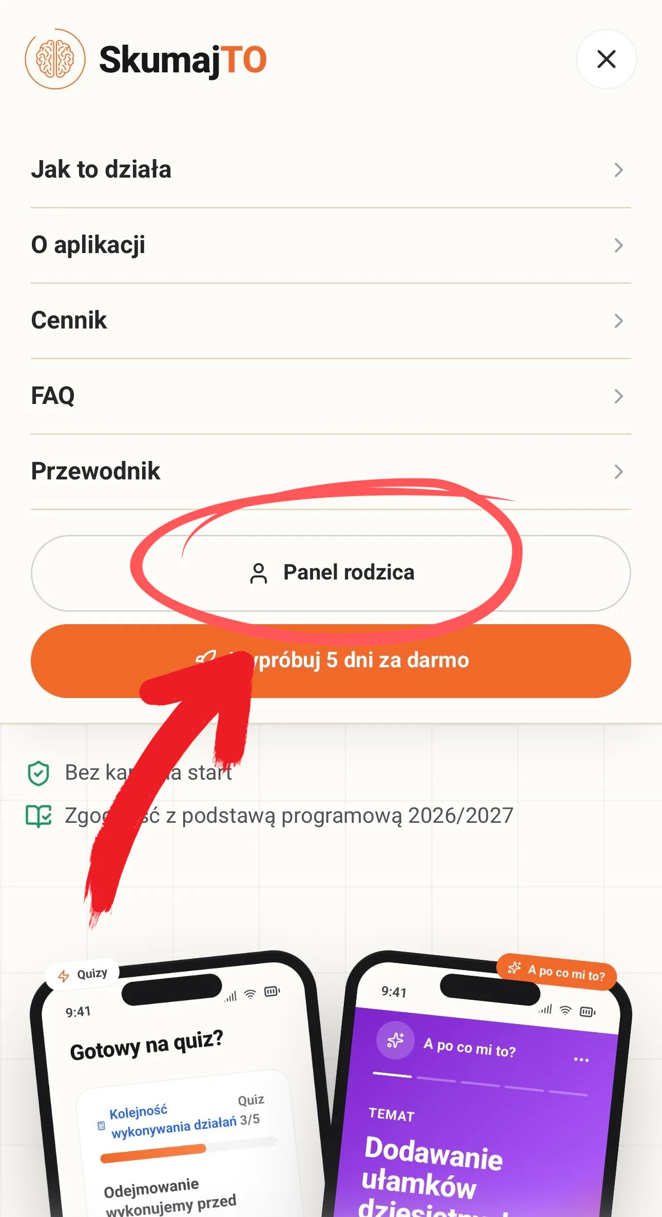 Rozwinięte menu na telefonie z przyciskiem Panel rodzica